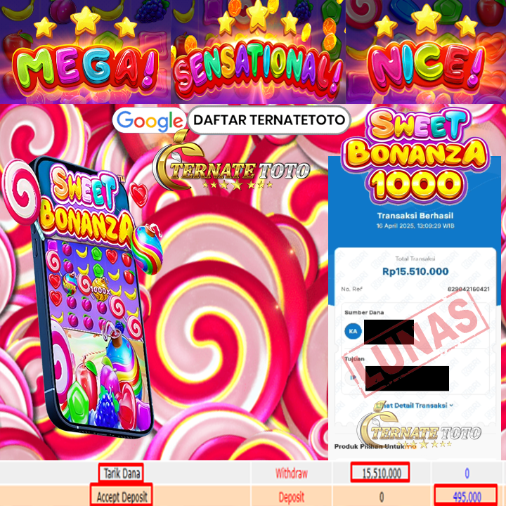 TERNATETOTO - MENANG SWEET BONANZA X1,000 Rp. 15,510,000,-
